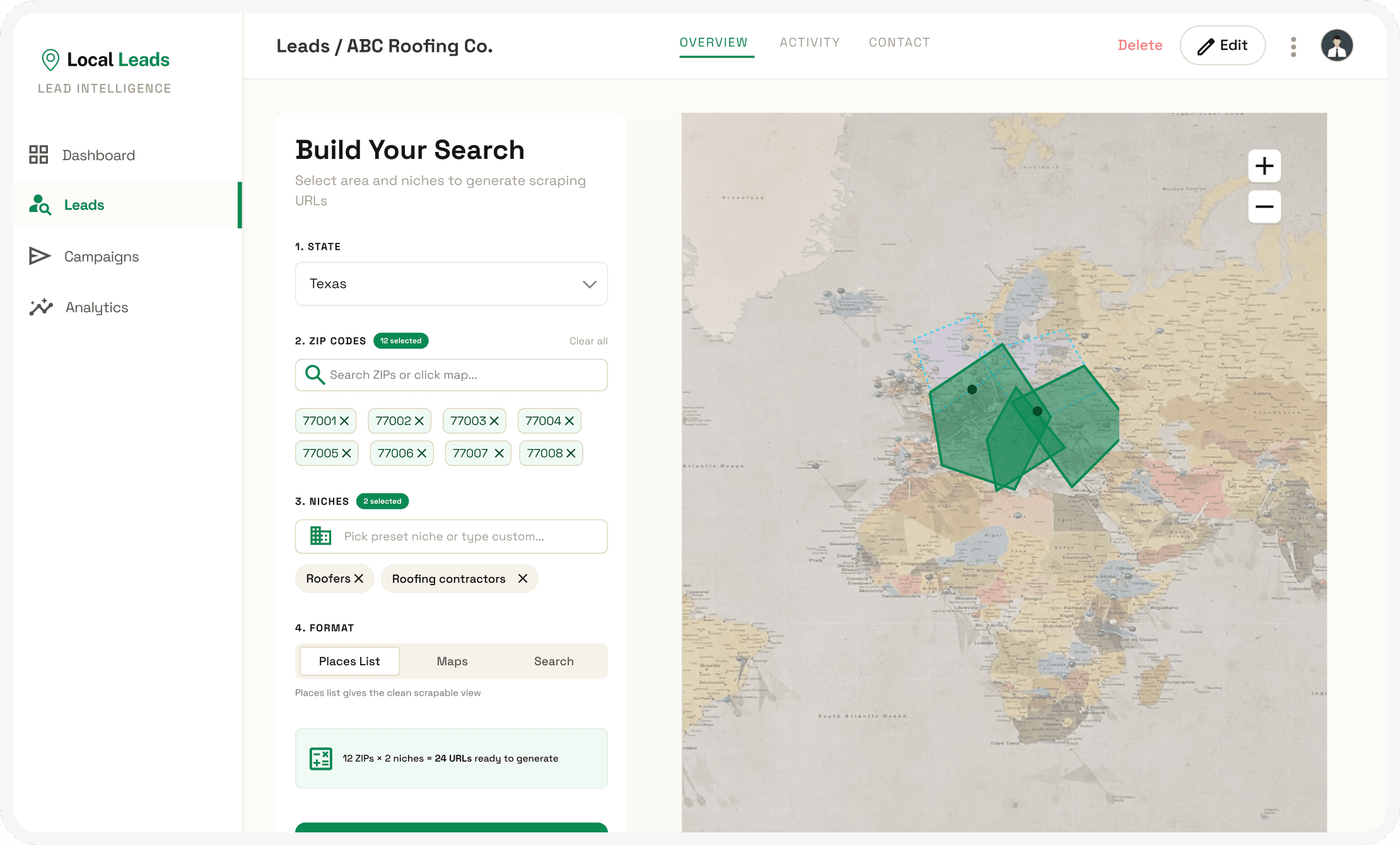 Local Leads search builder with state, ZIPs, niches selected and a live map of selected ZIP boundaries