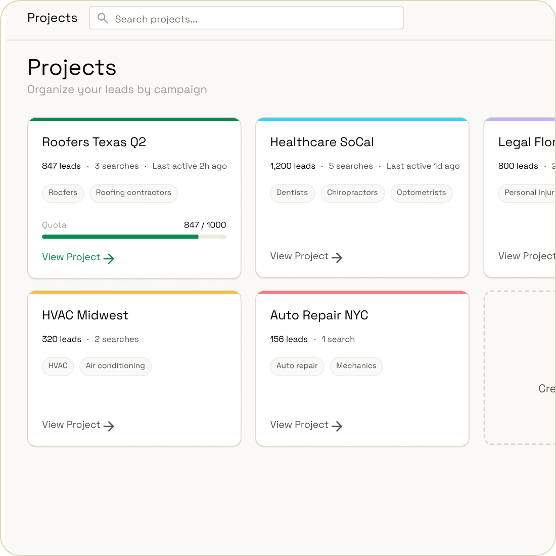 Local Leads projects view with multiple campaigns showing lead counts and status per project