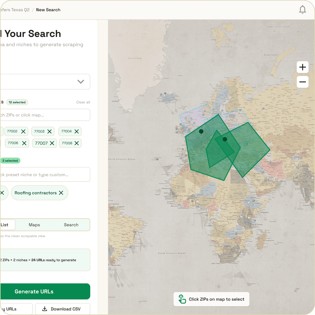 Local Leads search builder showing Texas state map with ZIP codes selected and niche dropdown open