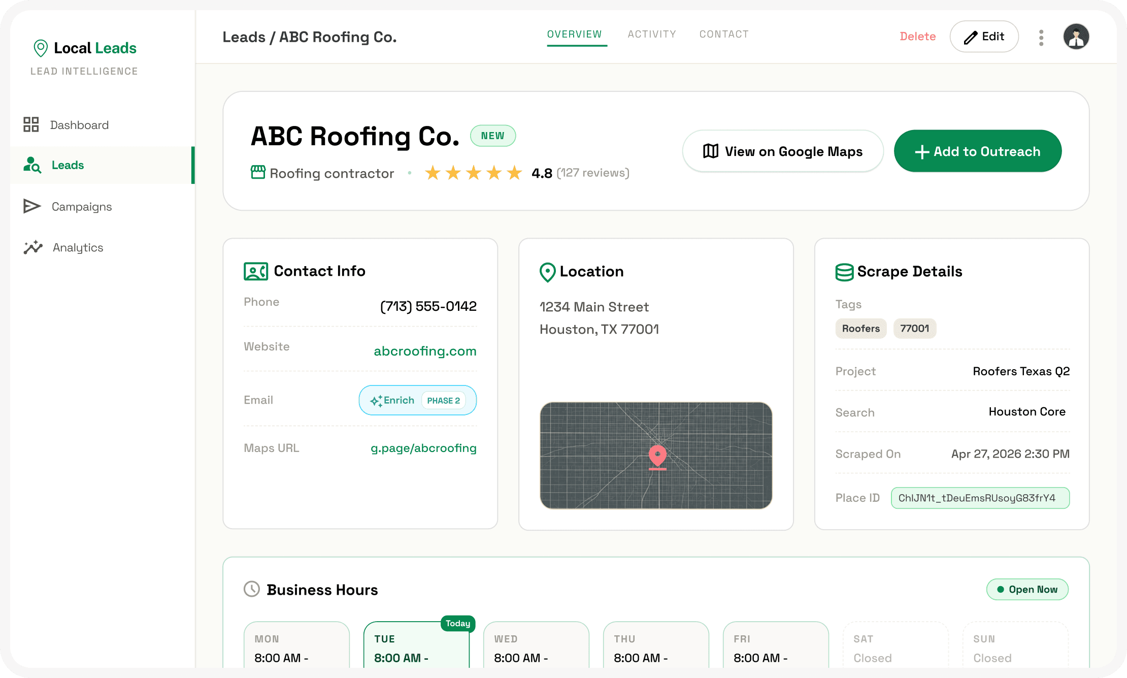 Local Leads dashboard showing a lead detail page for ABC Roofing Co.